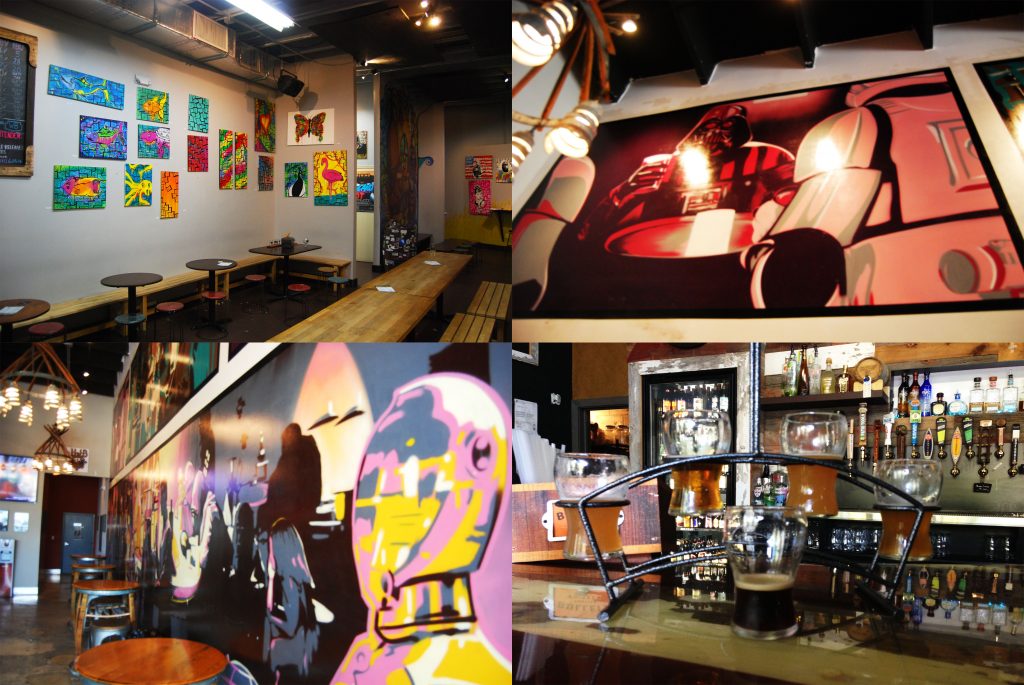 Clockwise from top left: Wynwood Brewing Co.'s taproom, Wakefield Mural 1, a flight of Flagler Brewing beers at The Brass Tap, Wakefield mural 2